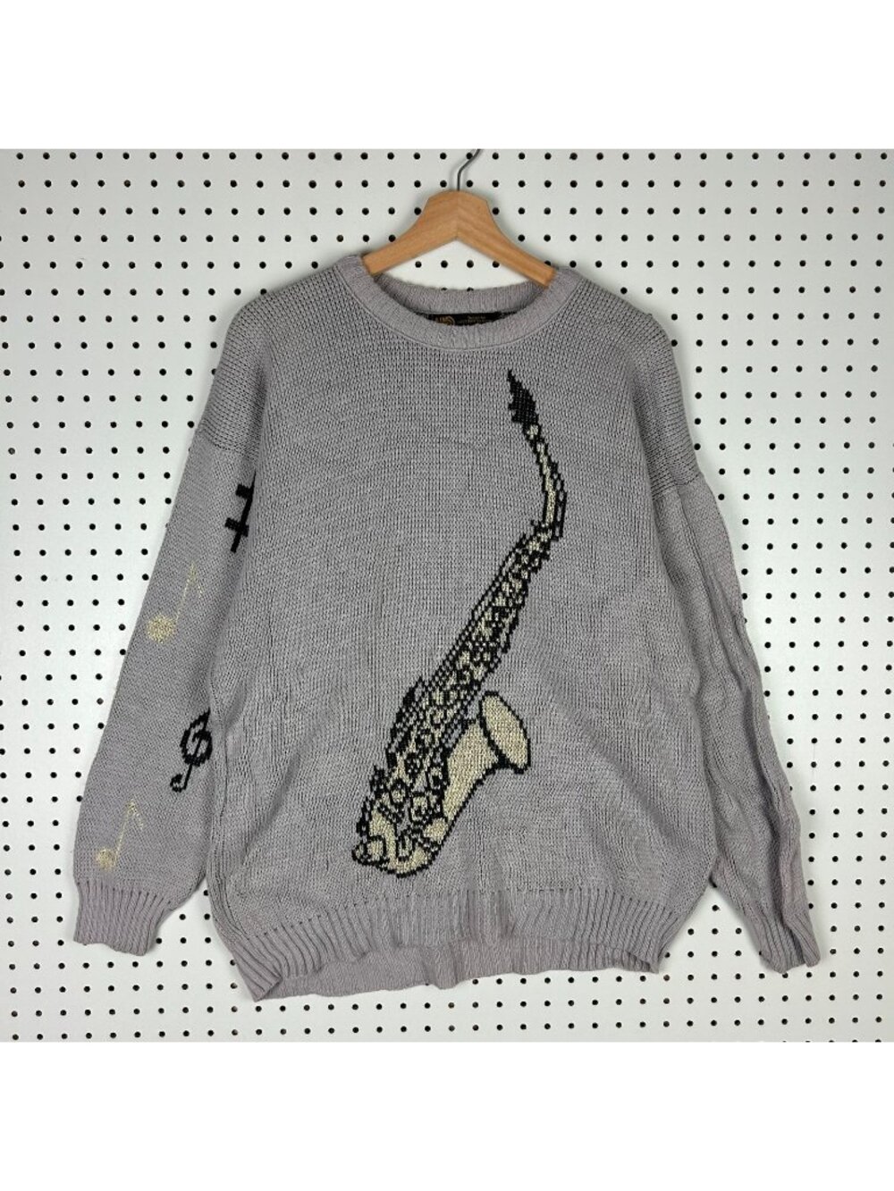 Saxophone Kit Sweater Women's Medium USA AIM 90s Purple Gray Music Note Graphic